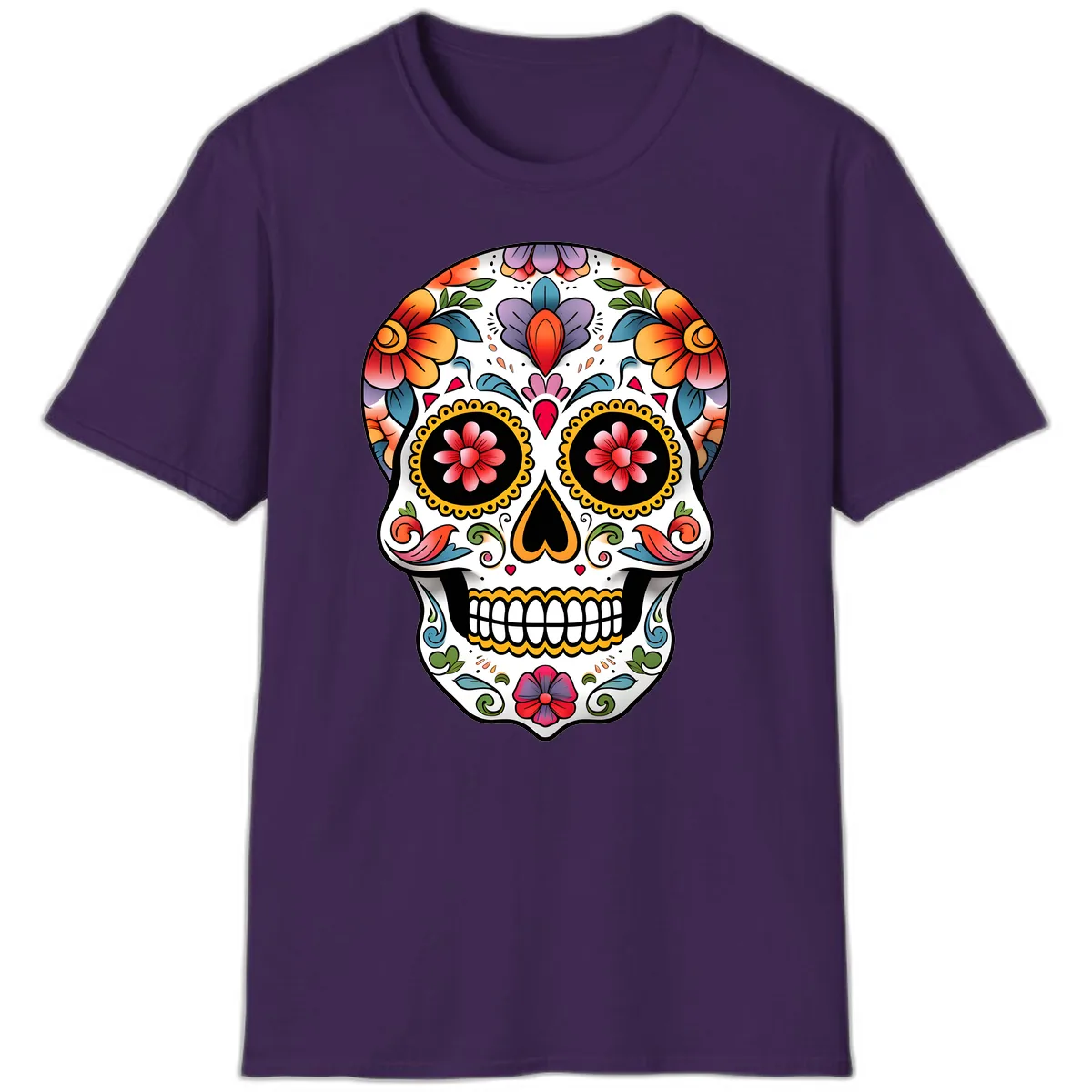 Vibrant Floral Calavera Sugar Skull T-Shirt in Purple