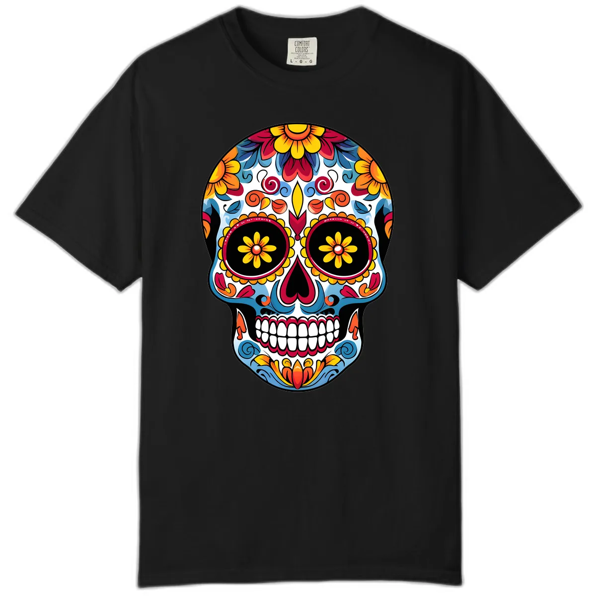 Vibrant Floral Calavera Sugar Skull Art Comfort Color in Black