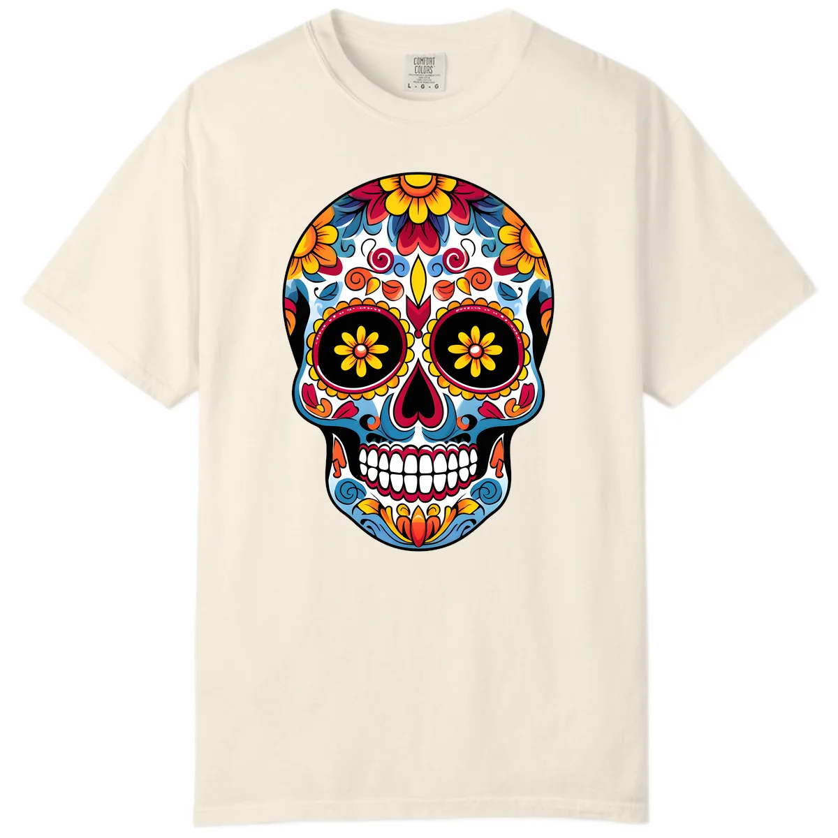 Vibrant Floral Calavera Sugar Skull Art Comfort Color in Ivory