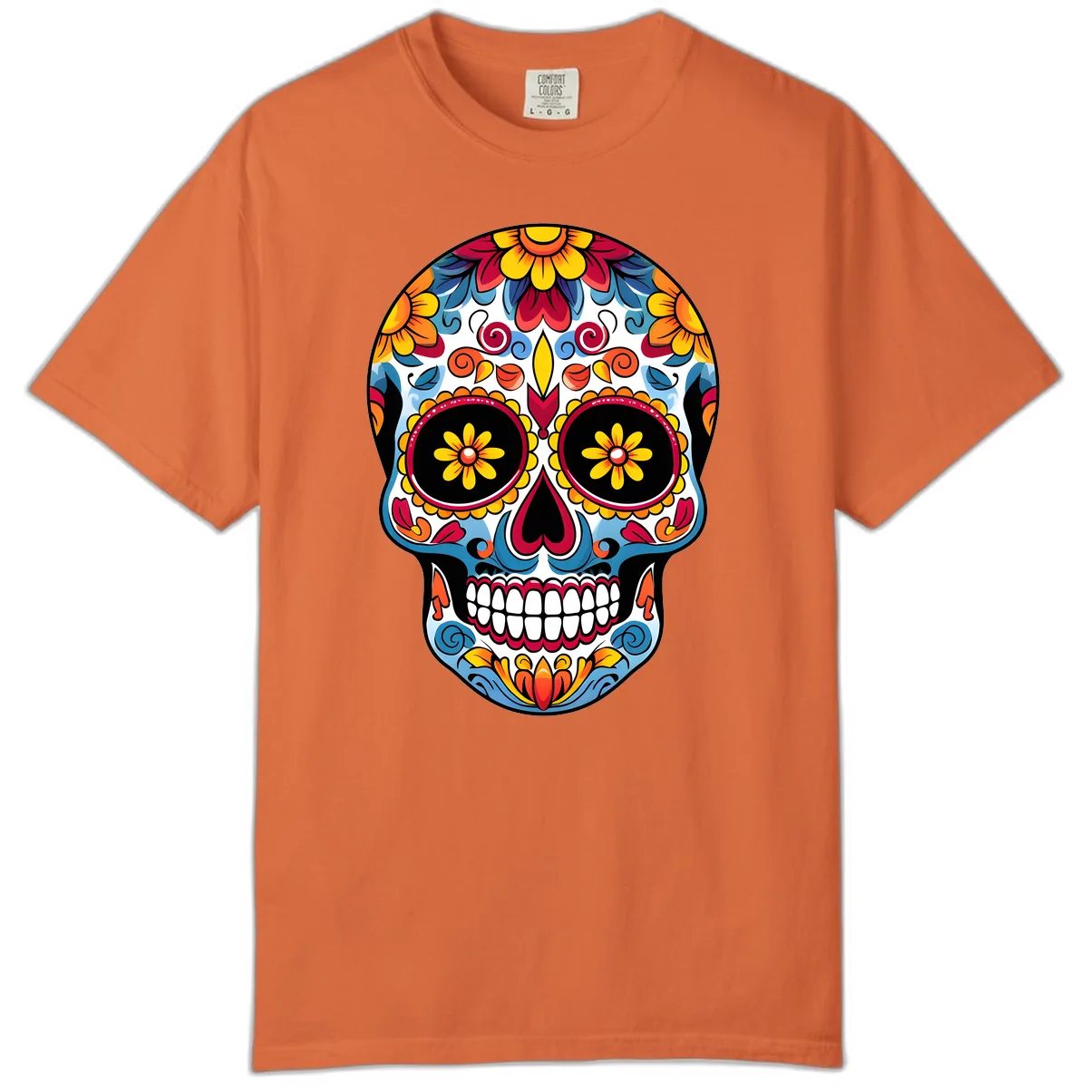 Vibrant Floral Calavera Sugar Skull Art Comfort Color in Burnt Orange