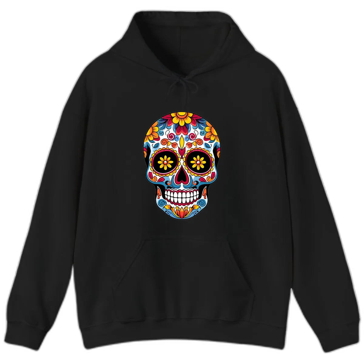 Vibrant Floral Calavera Sugar Skull Art Hoodie in Black