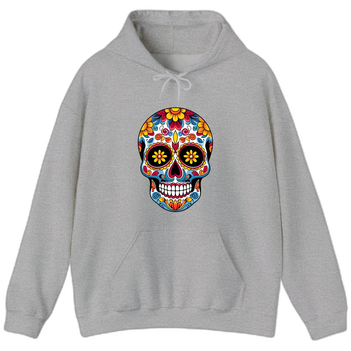 Vibrant Floral Calavera Sugar Skull Art Hoodie in Sport Grey