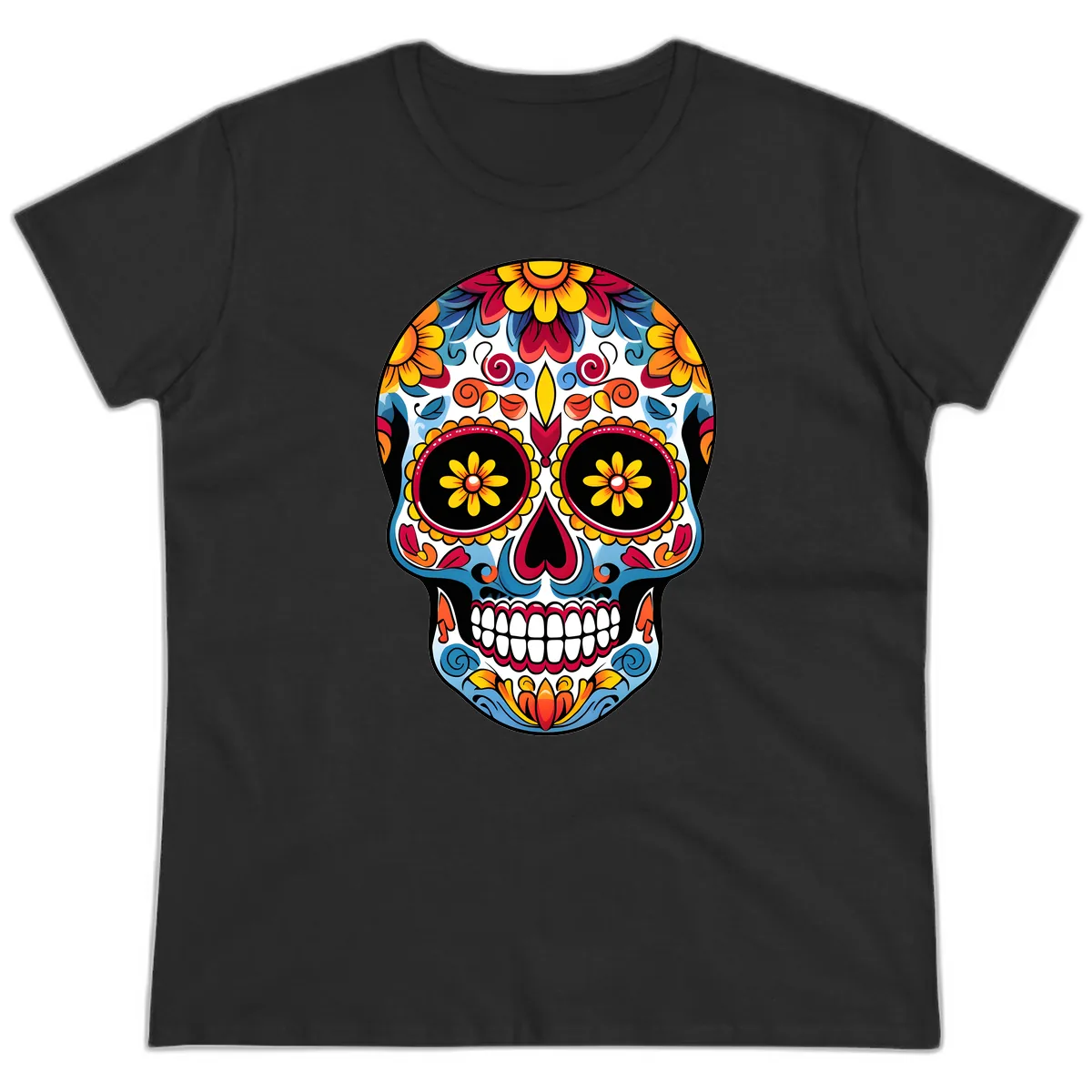 Vibrant Floral Calavera Sugar Skull Art Ladies Tee in Black