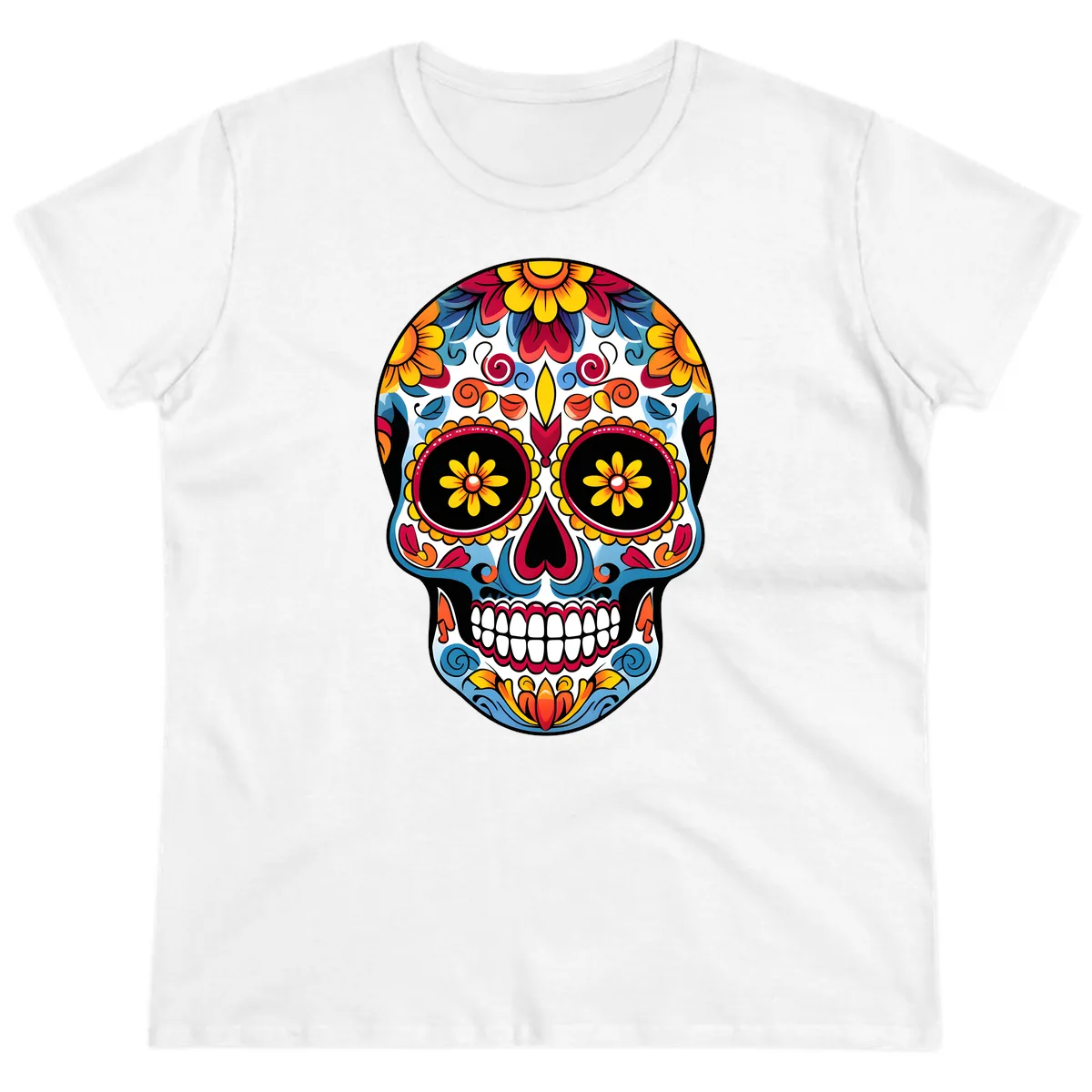 Vibrant Floral Calavera Sugar Skull Art Ladies Tee in White