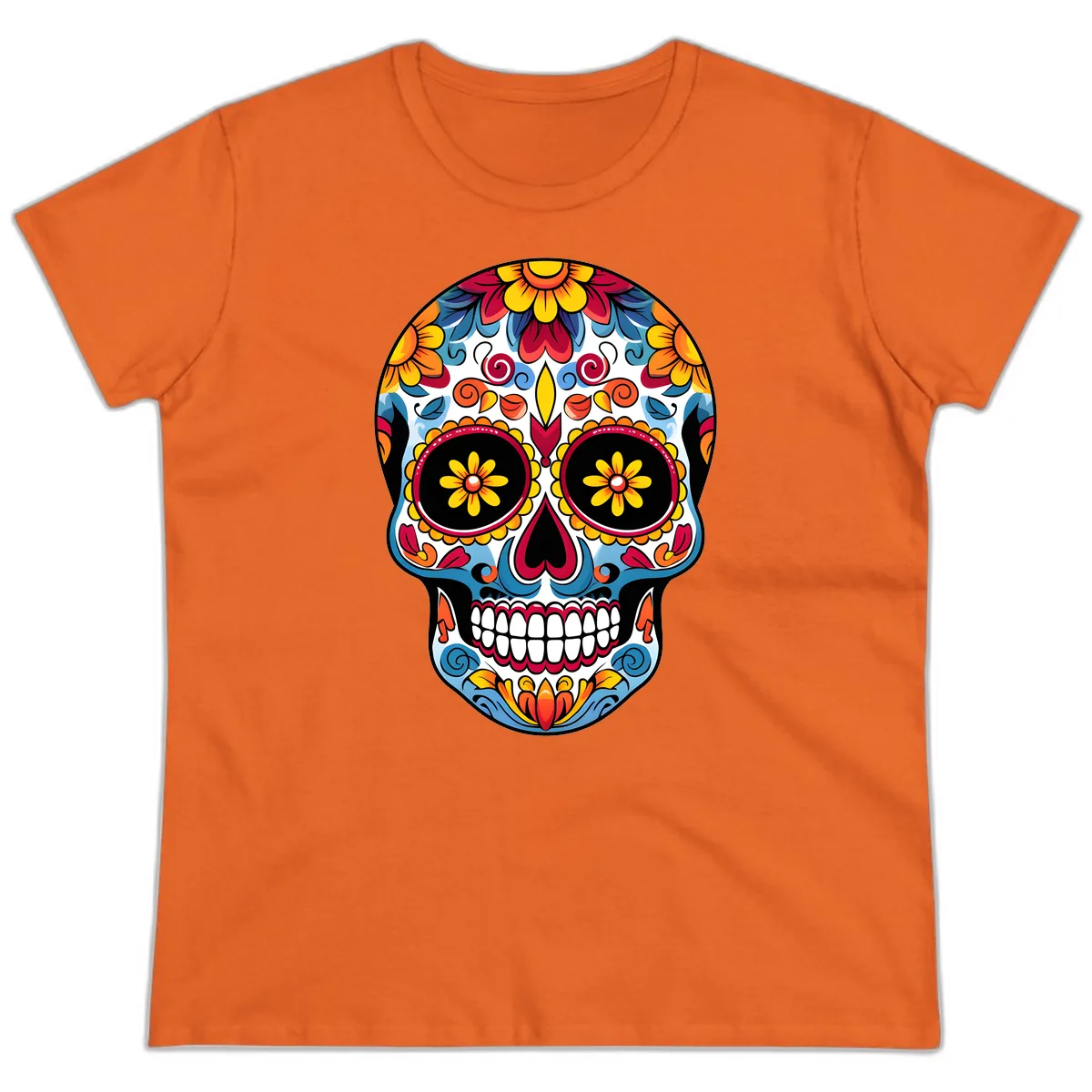 Vibrant Floral Calavera Sugar Skull Art Ladies Tee in Orange