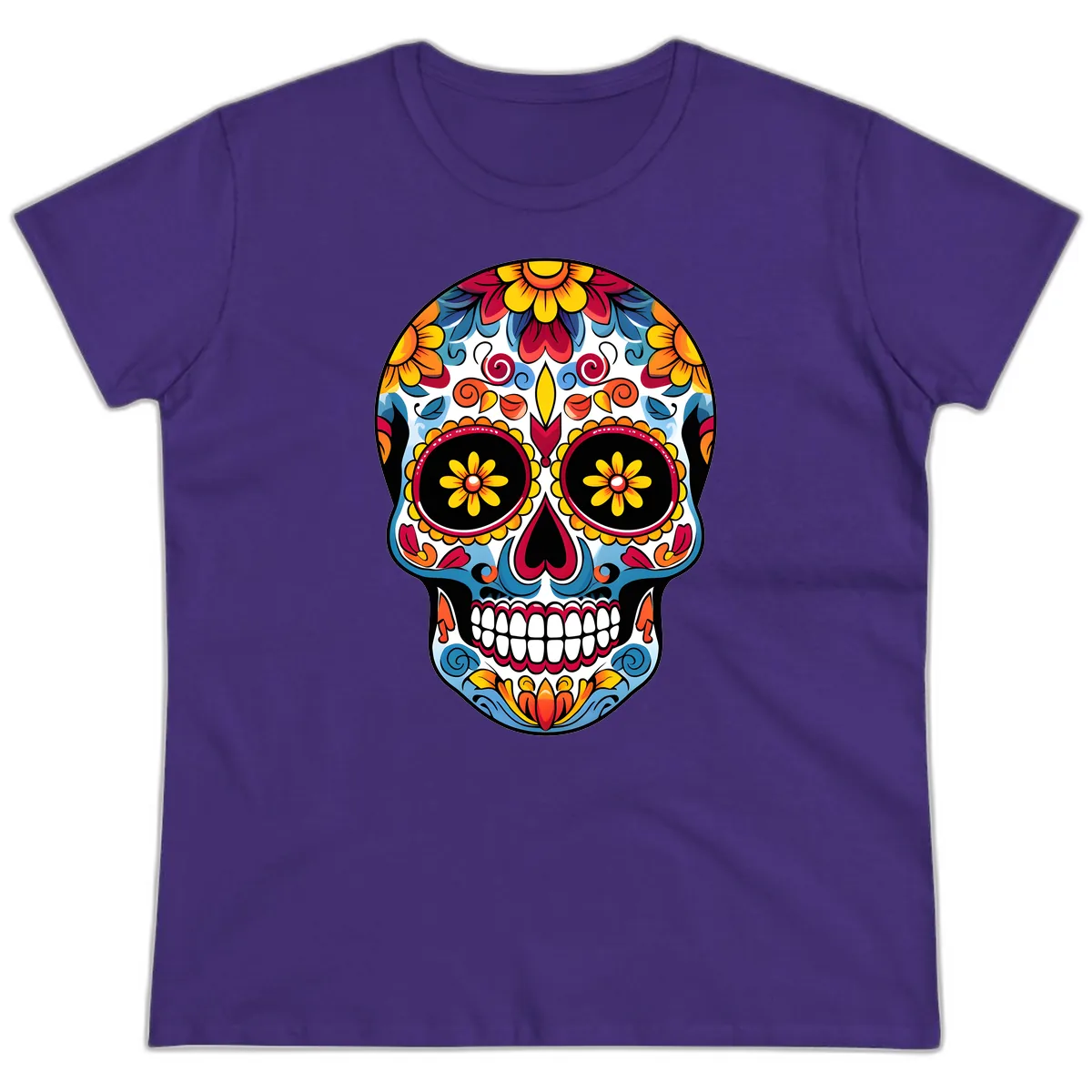 Vibrant Floral Calavera Sugar Skull Art Ladies Tee in Purple