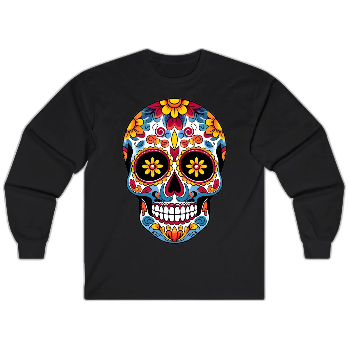 Vibrant Floral Calavera Sugar Skull Art Long Sleeve in Black