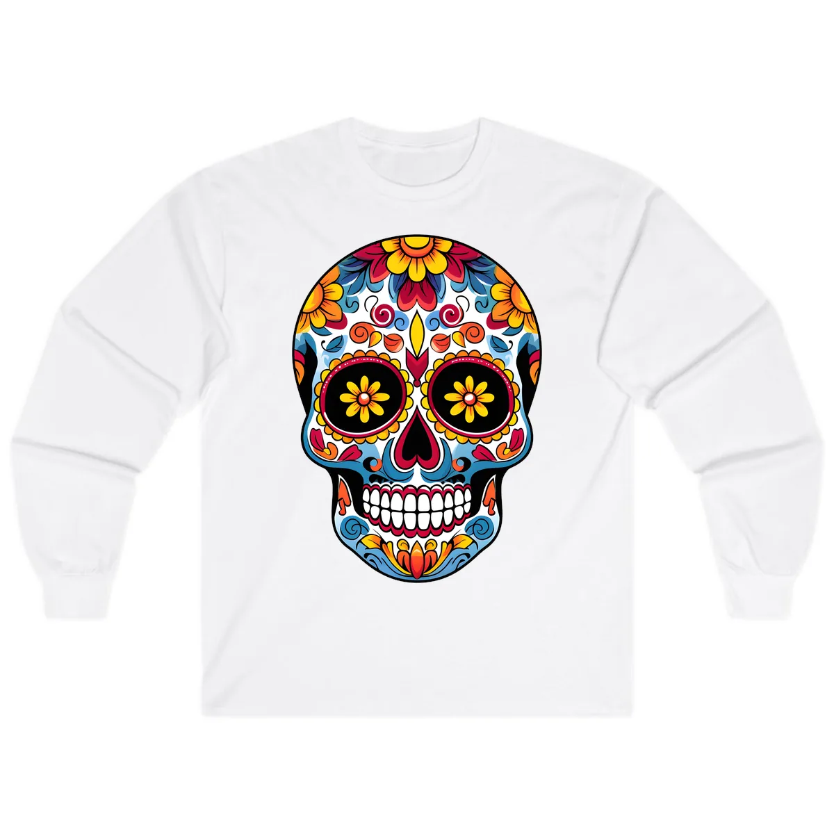 Vibrant Floral Calavera Sugar Skull Art Long Sleeve in White