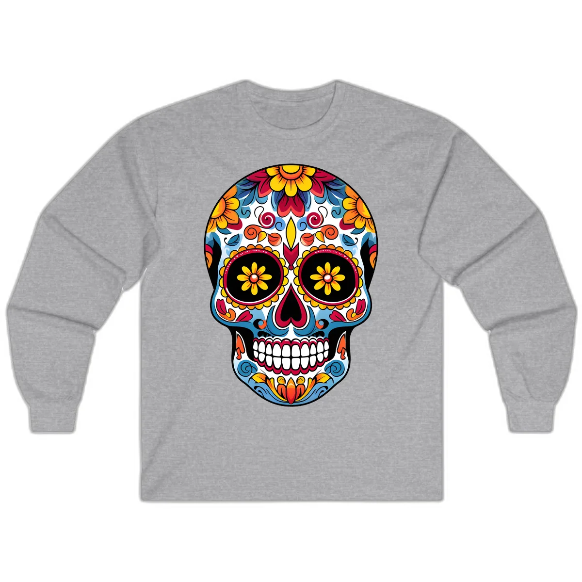 Vibrant Floral Calavera Sugar Skull Art Long Sleeve in Sport Grey