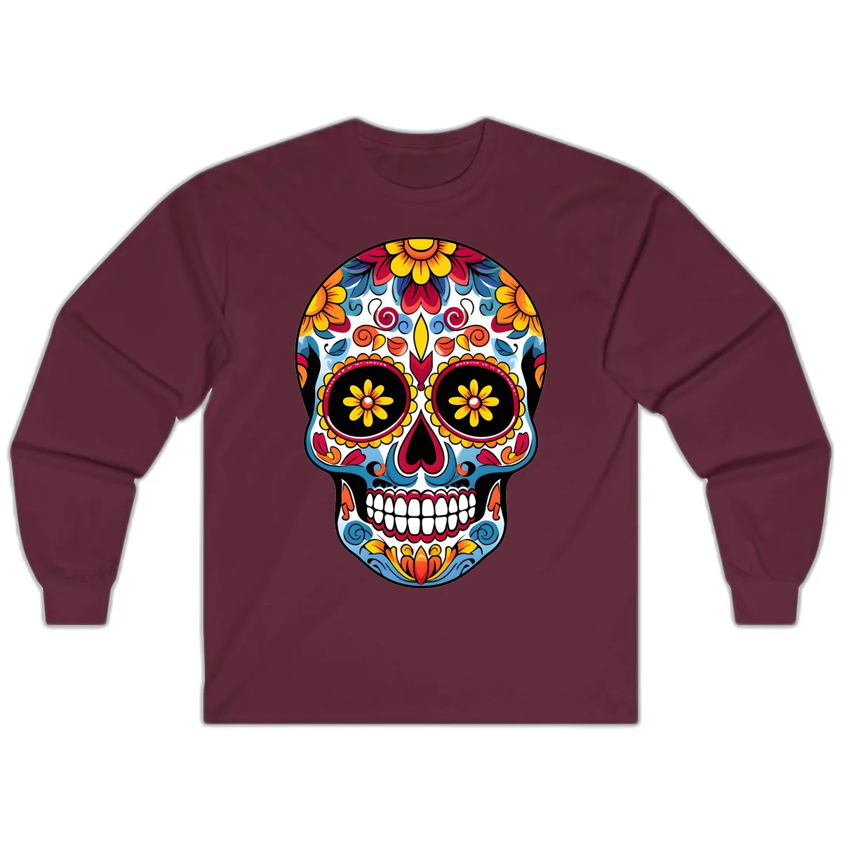 Vibrant Floral Calavera Sugar Skull Art Long Sleeve in Maroon