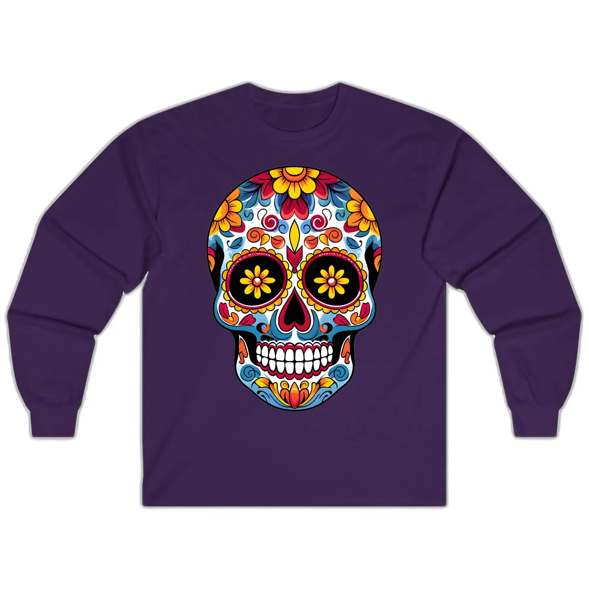 Vibrant Floral Calavera Sugar Skull Art Long Sleeve in Purple