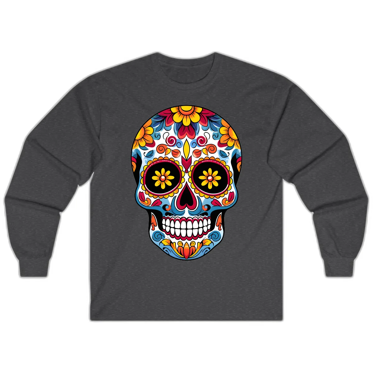 Vibrant Floral Calavera Sugar Skull Art Long Sleeve in Dark Heather
