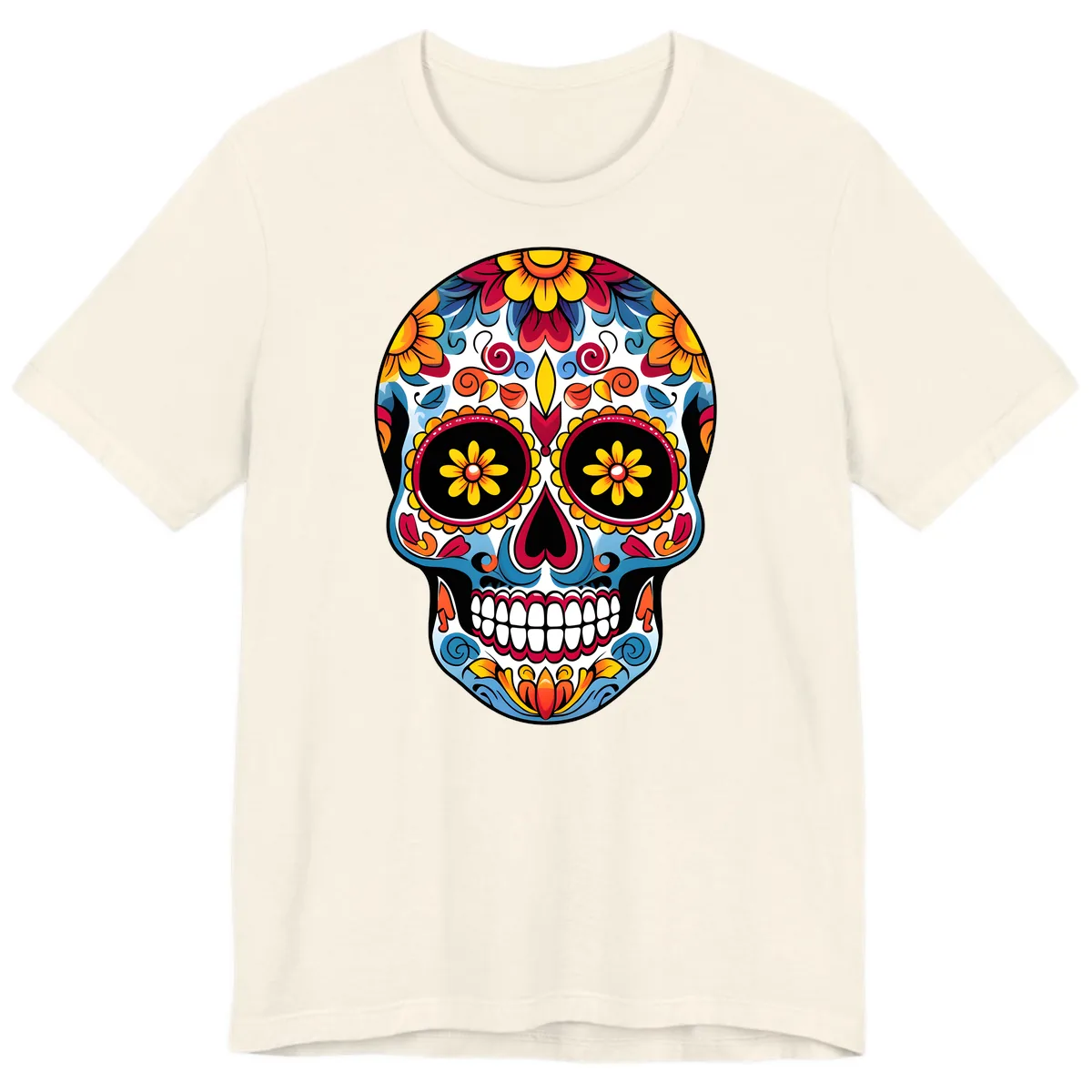 Vibrant Floral Calavera Sugar Skull Art Premium T-Shirt in Natural
