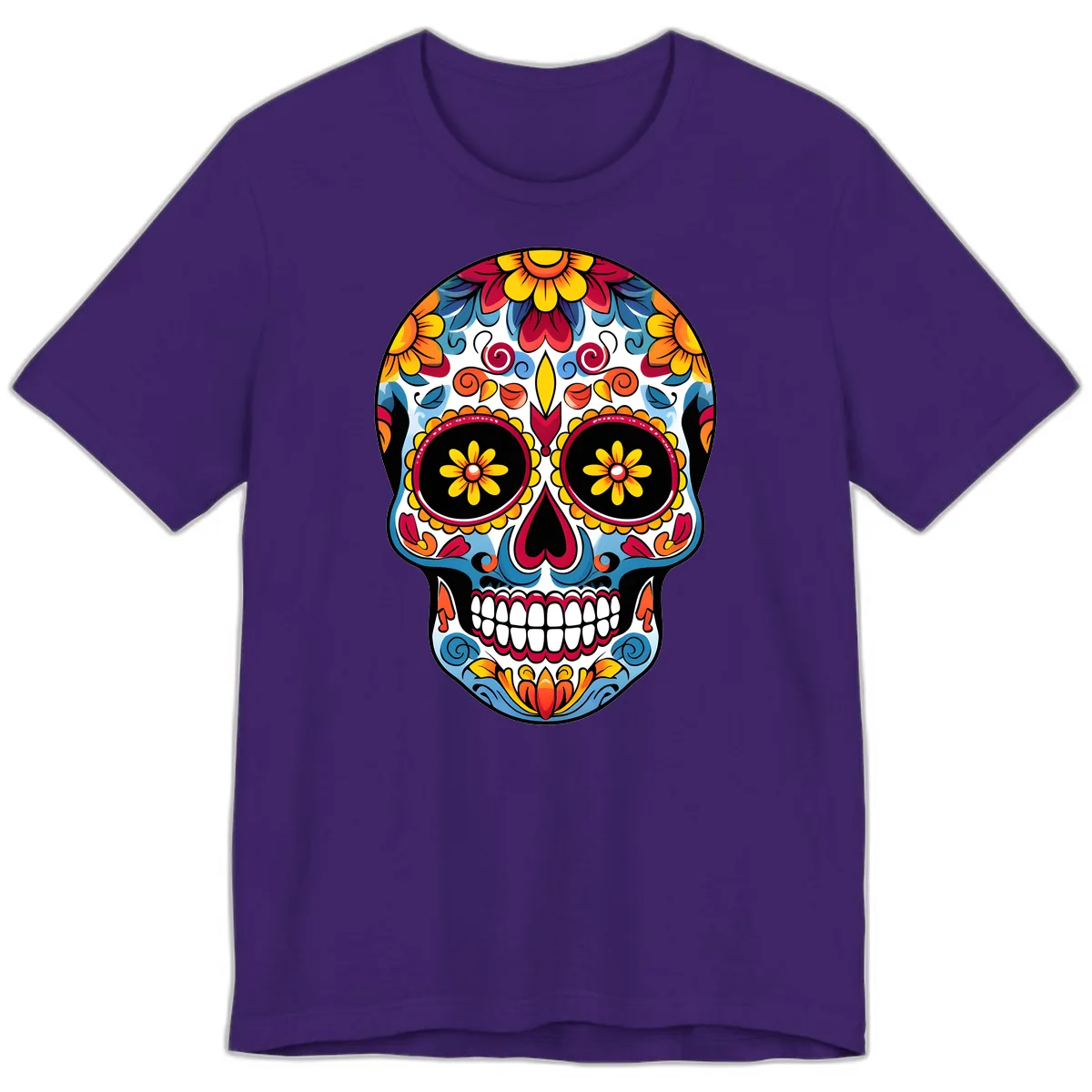 Vibrant Floral Calavera Sugar Skull Art Premium T-Shirt in Team Purple