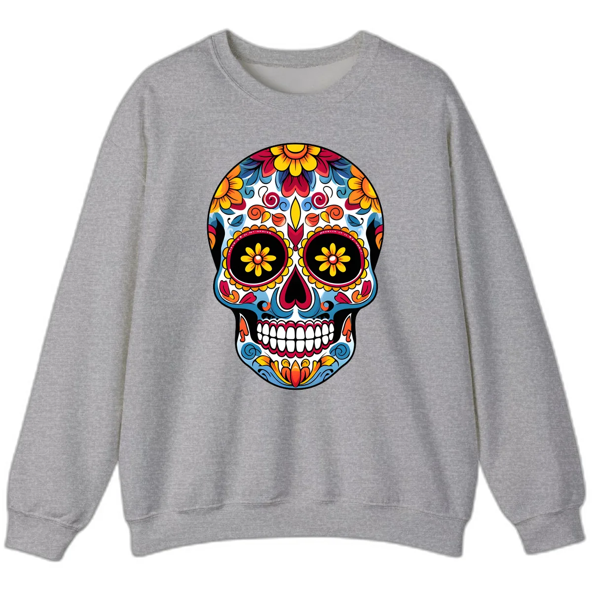 Vibrant Floral Calavera Sugar Skull Art Sweatshirt in Sport Grey