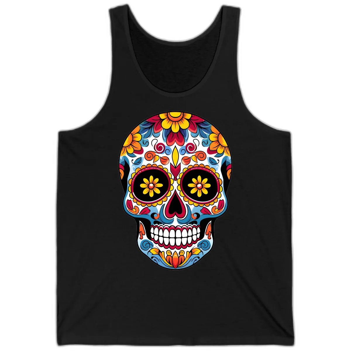 Vibrant Floral Calavera Sugar Skull Art Tank in Black