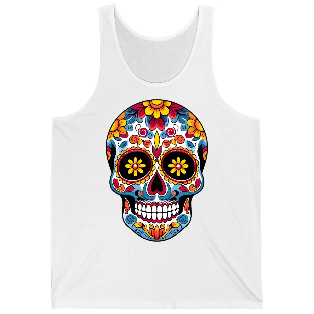 Vibrant Floral Calavera Sugar Skull Art Tank in White