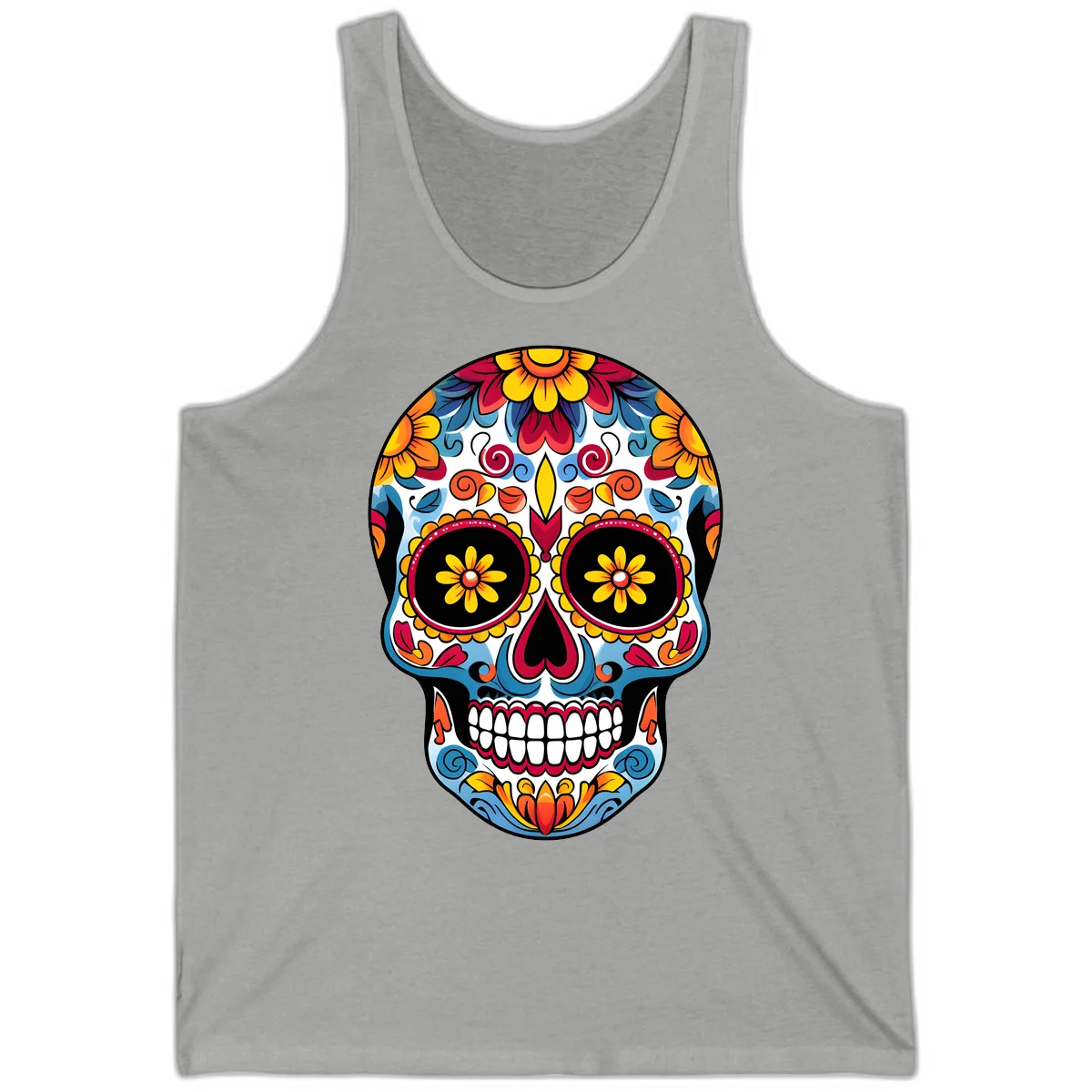 Vibrant Floral Calavera Sugar Skull Art Tank in Athletic Heather