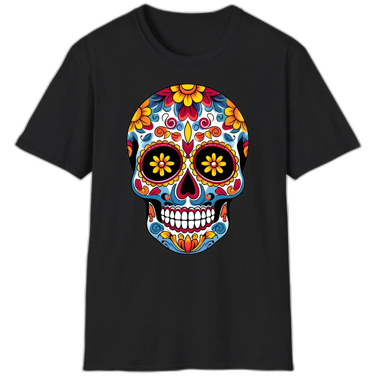 Vibrant Floral Calavera Sugar Skull Art T-Shirt in Black
