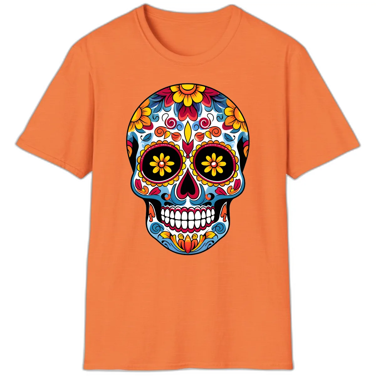 Vibrant Floral Calavera Sugar Skull Art T-Shirt in Heather Orange