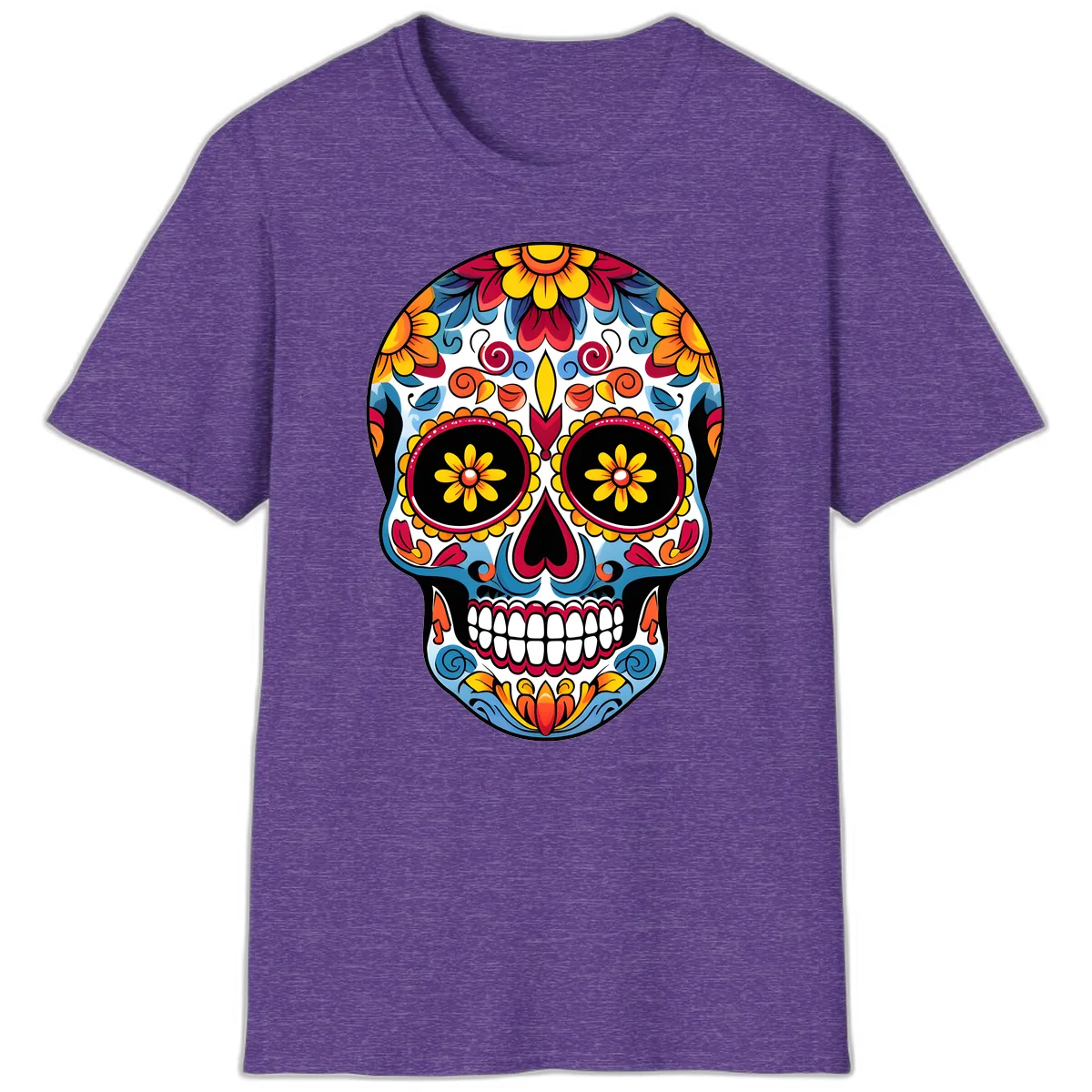 Vibrant Floral Calavera Sugar Skull Art T-Shirt in Heather Purple