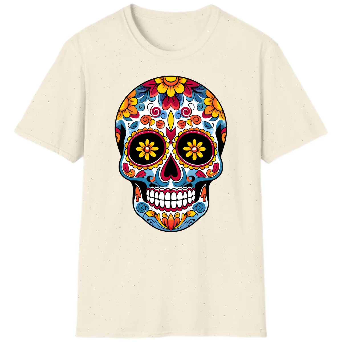 Vibrant Floral Calavera Sugar Skull Art T-Shirt in Natural