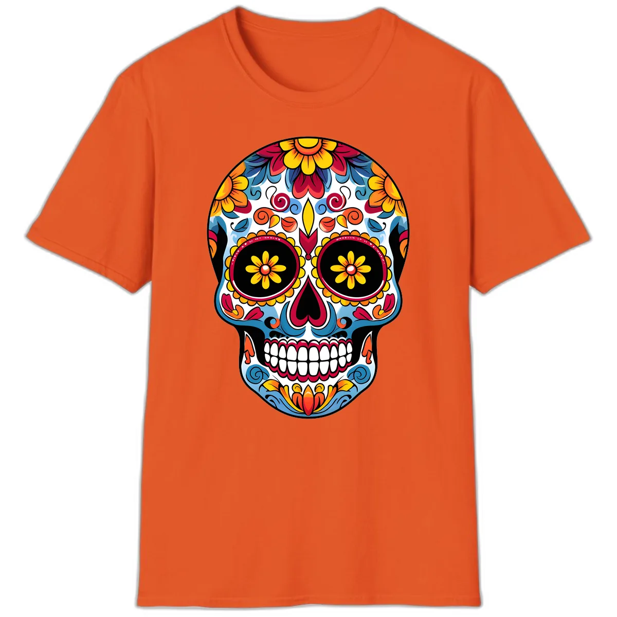 Vibrant Floral Calavera Sugar Skull Art T-Shirt in Orange