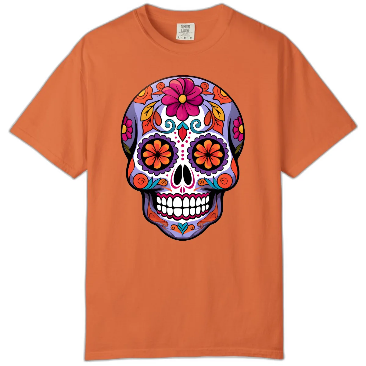 Vibrant Floral Calavera Sugar Skull Artwork Comfort Color in Burnt Orange