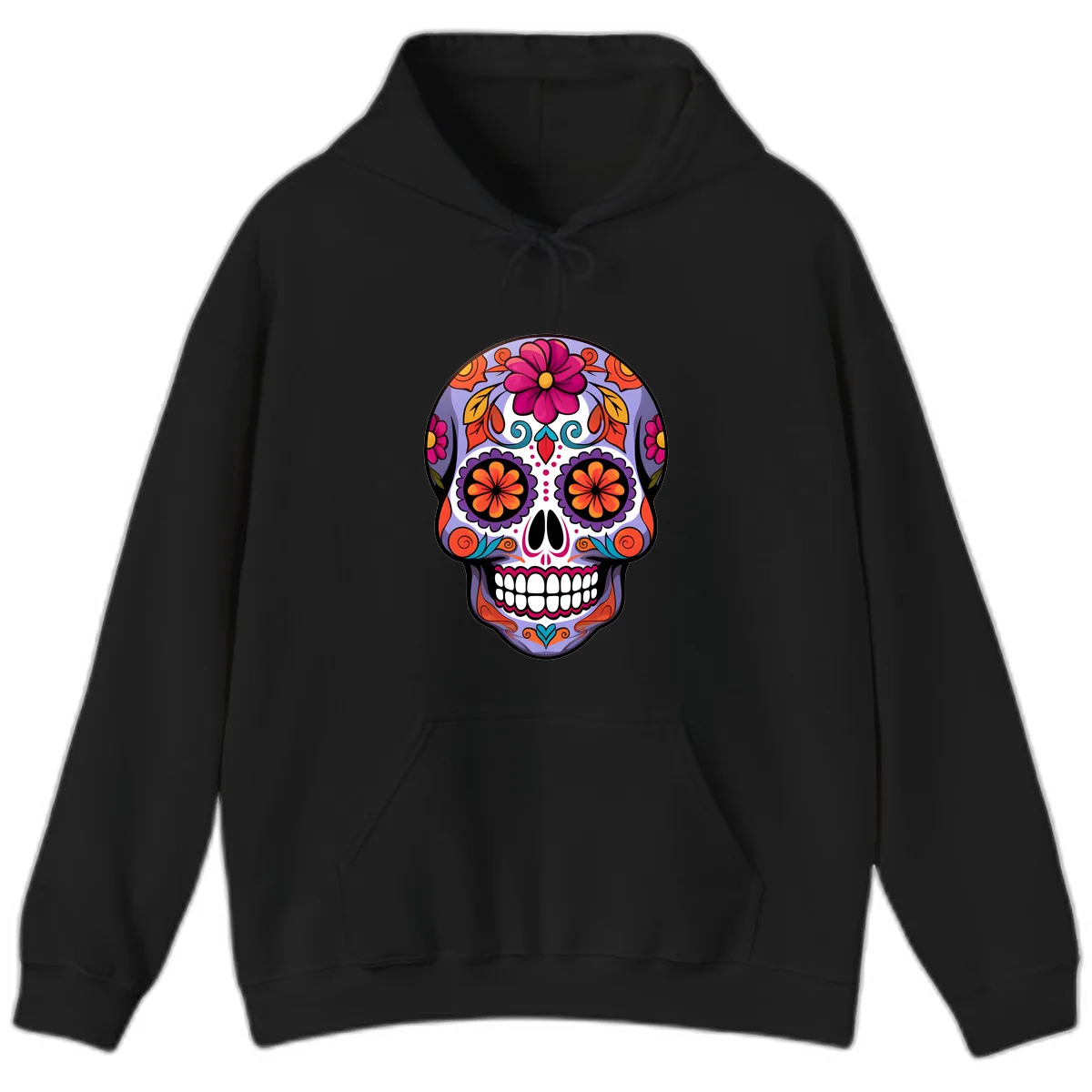 Vibrant Floral Calavera Sugar Skull Artwork Hoodie in Black