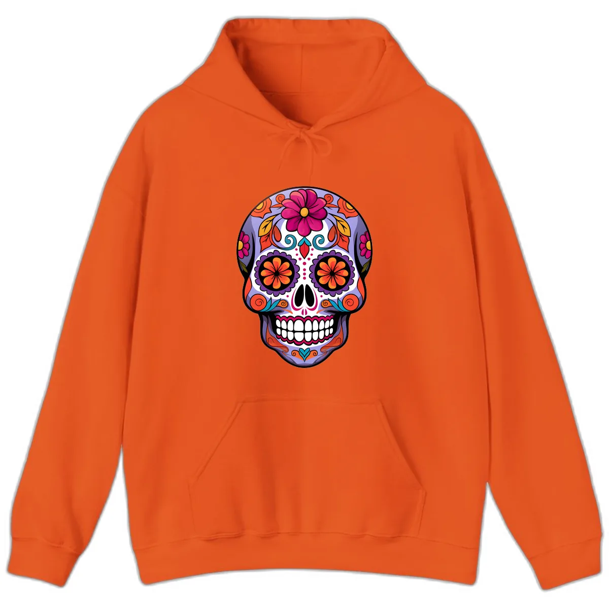 Vibrant Floral Calavera Sugar Skull Artwork Hoodie in Orange