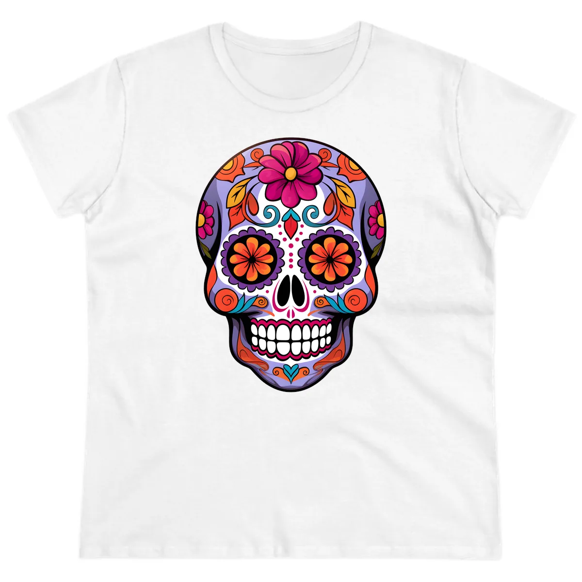 Vibrant Floral Calavera Sugar Skull Artwork Ladies Tee in White