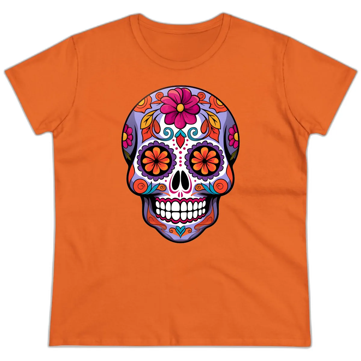 Vibrant Floral Calavera Sugar Skull Artwork Ladies Tee in Orange