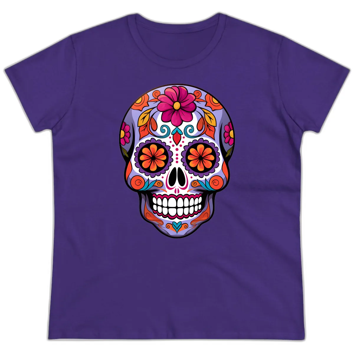 Vibrant Floral Calavera Sugar Skull Artwork Ladies Tee in Purple