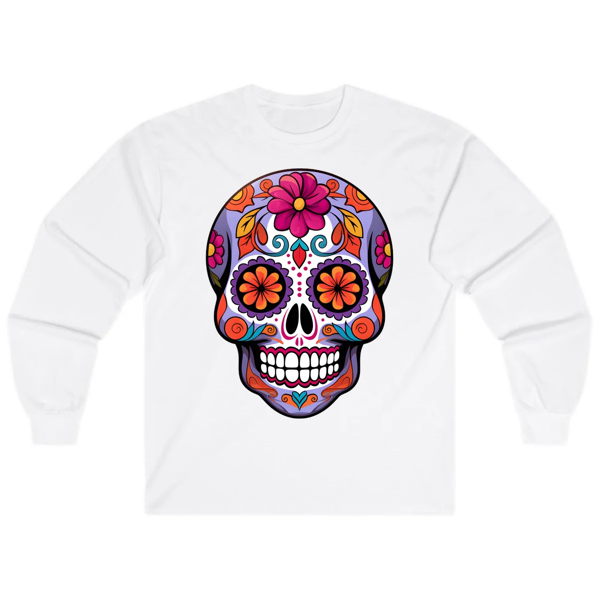 Vibrant Floral Calavera Sugar Skull Artwork Long Sleeve in White