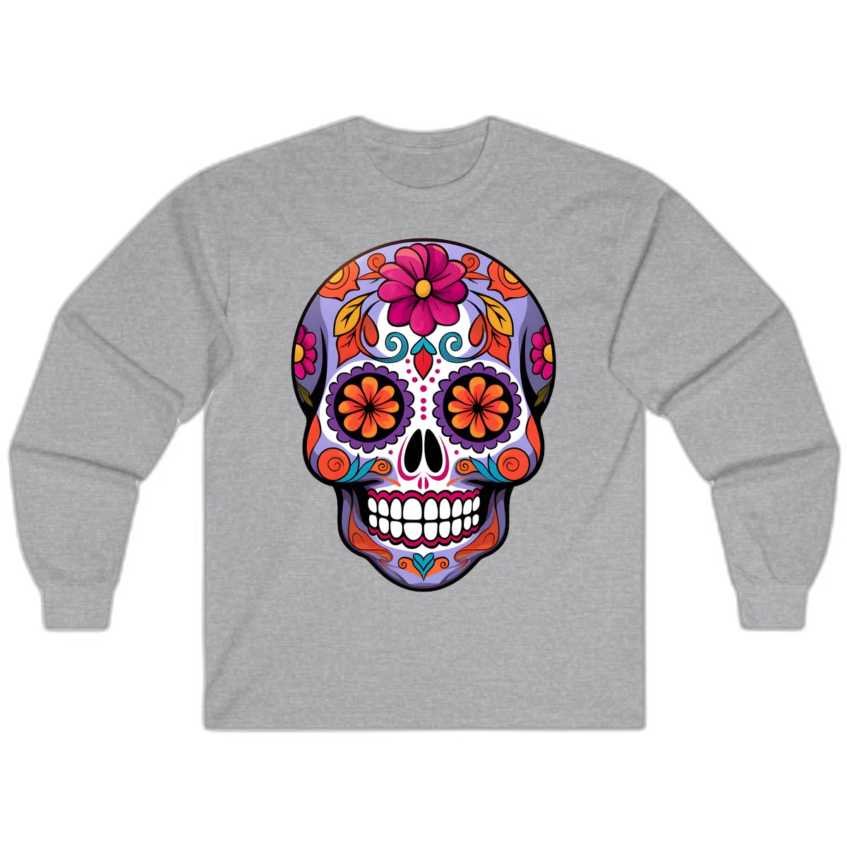 Vibrant Floral Calavera Sugar Skull Artwork Long Sleeve in Sport Grey