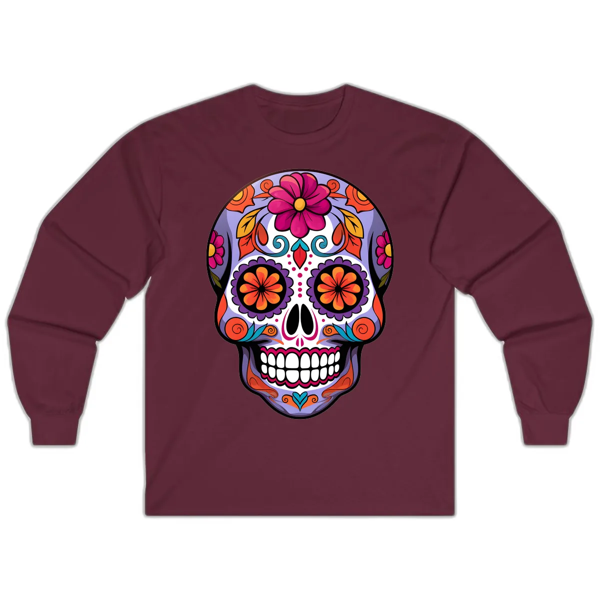 Vibrant Floral Calavera Sugar Skull Artwork Long Sleeve in Maroon