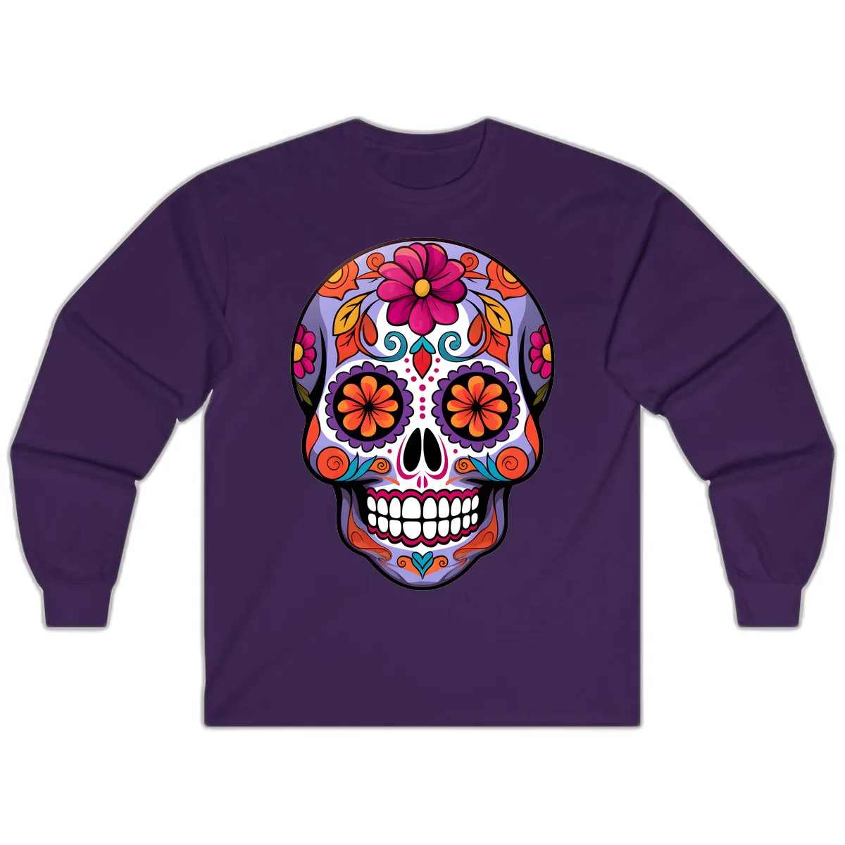 Vibrant Floral Calavera Sugar Skull Artwork Long Sleeve in Purple