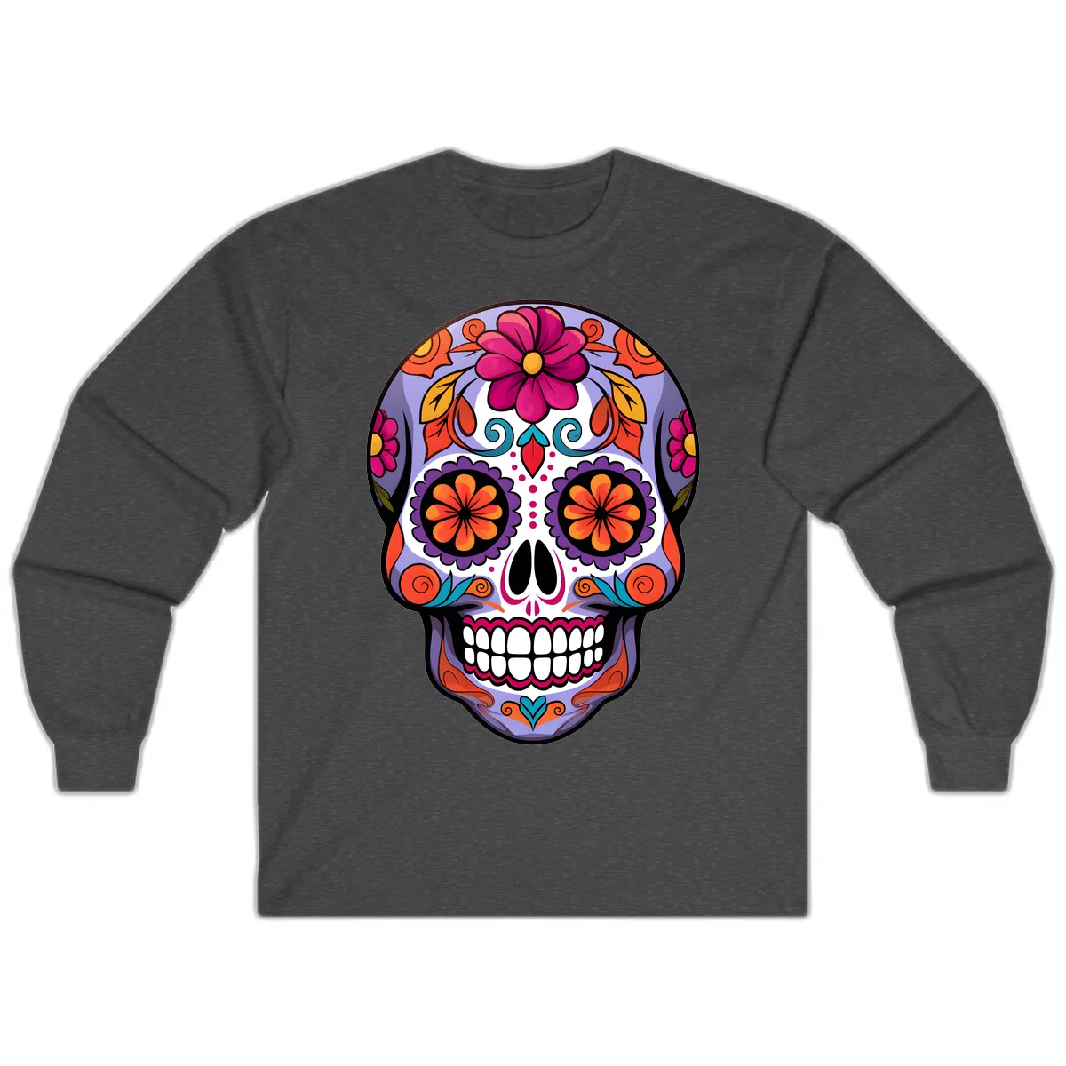 Vibrant Floral Calavera Sugar Skull Artwork Long Sleeve in Dark Heather
