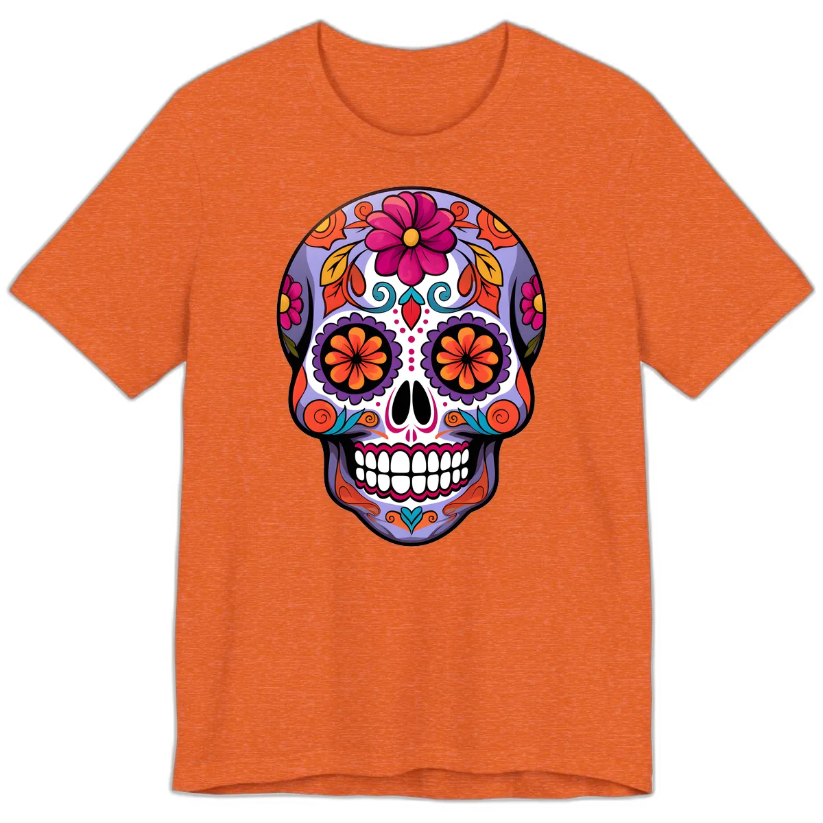 Vibrant Floral Calavera Sugar Skull Artwork Premium T-Shirt in Heather Orange