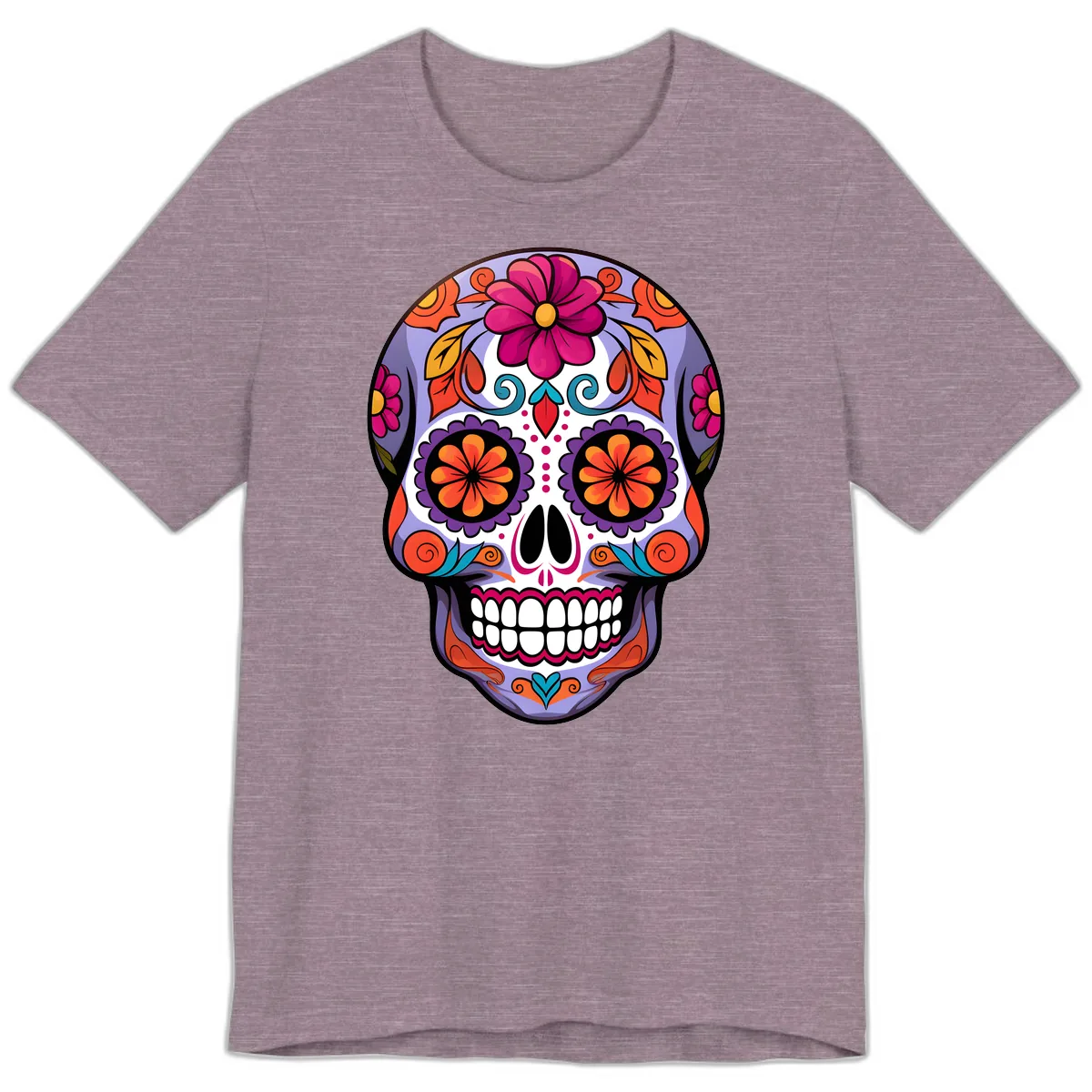 Vibrant Floral Calavera Sugar Skull Artwork Premium T-Shirt in Heather Purple
