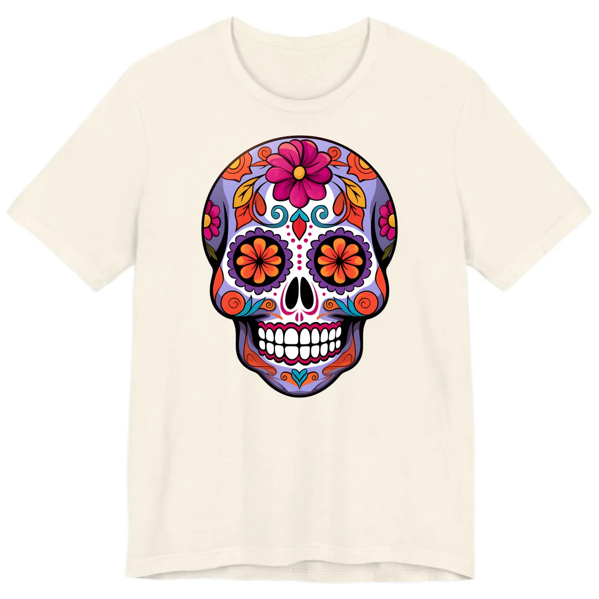 Vibrant Floral Calavera Sugar Skull Artwork Premium T-Shirt in Natural
