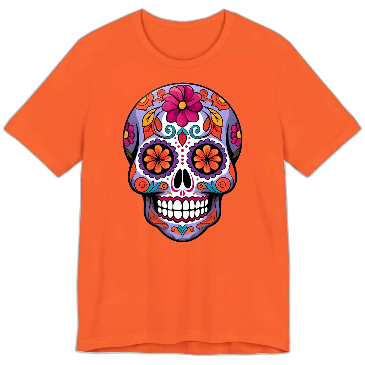 Vibrant Floral Calavera Sugar Skull Artwork Premium T-Shirt in Orange