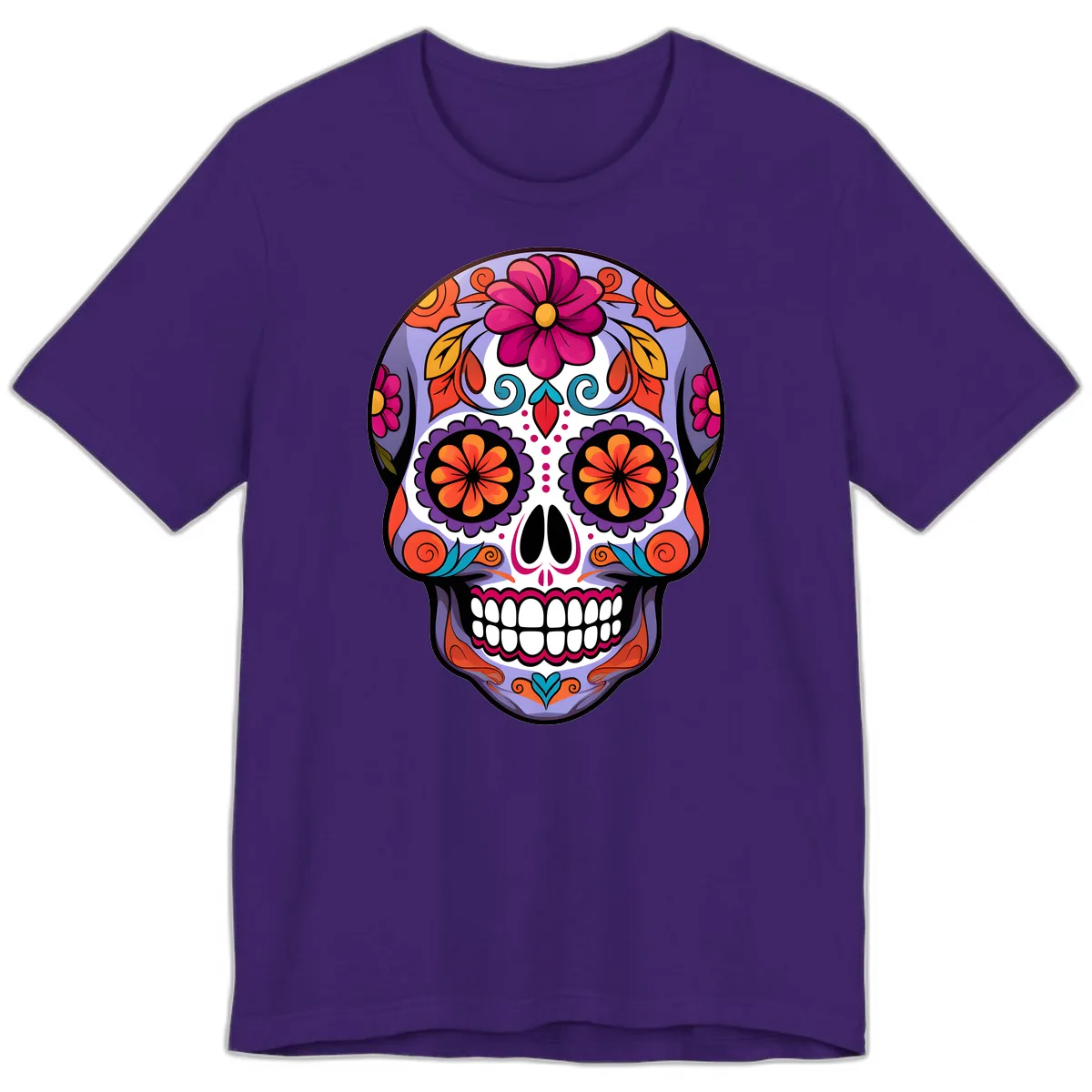 Vibrant Floral Calavera Sugar Skull Artwork Premium T-Shirt in Team Purple