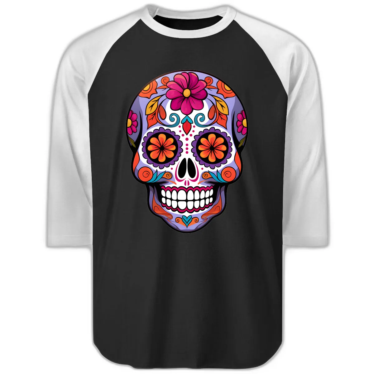 Vibrant Floral Calavera Sugar Skull Artwork Raglan 3/4 in Black White