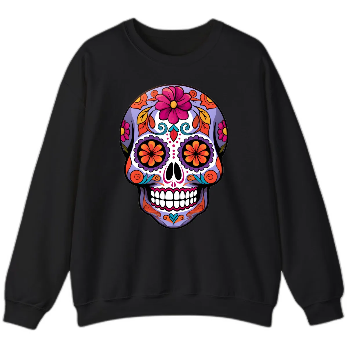Vibrant Floral Calavera Sugar Skull Artwork Sweatshirt in Black