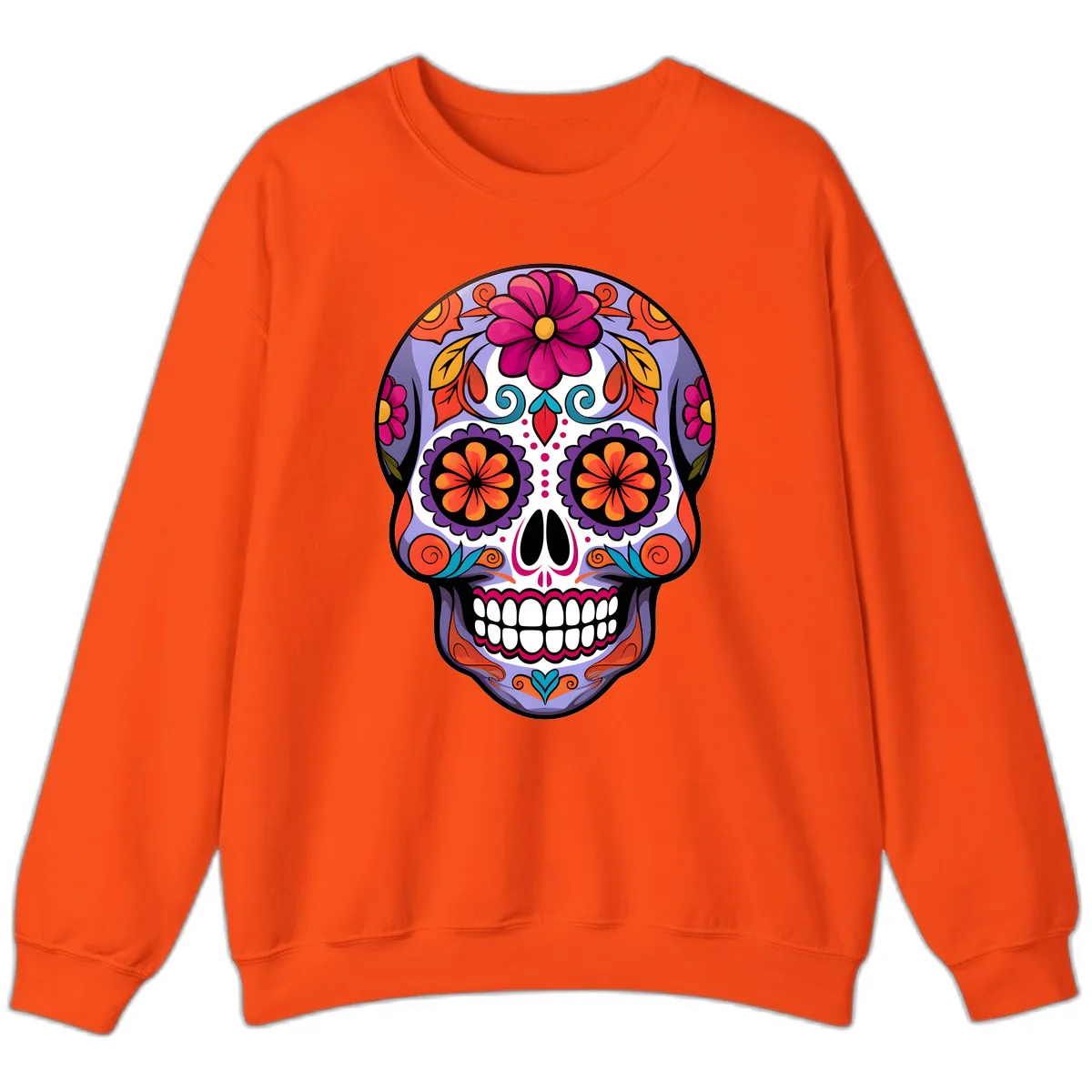 Vibrant Floral Calavera Sugar Skull Artwork Sweatshirt in Orange