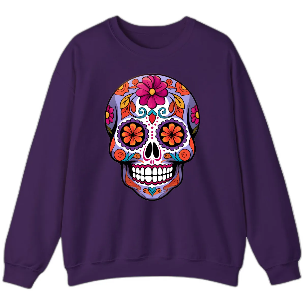 Vibrant Floral Calavera Sugar Skull Artwork Sweatshirt in Purple