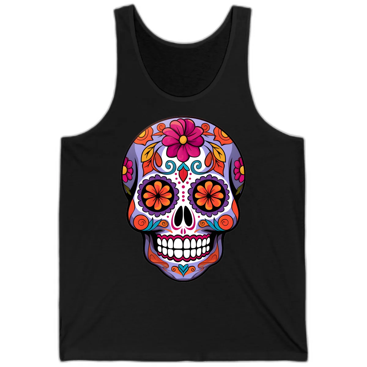 Vibrant Floral Calavera Sugar Skull Artwork Tank in Black