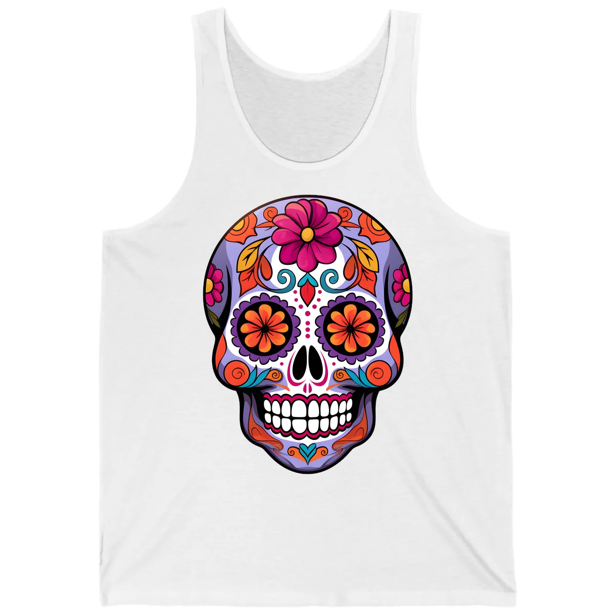 Vibrant Floral Calavera Sugar Skull Artwork Tank in White