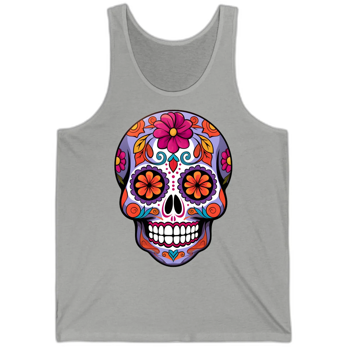 Vibrant Floral Calavera Sugar Skull Artwork Tank in Athletic Heather